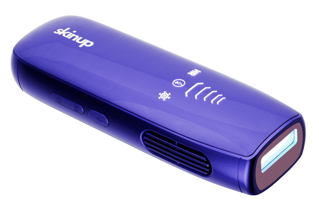 Dispositivo SkinUp Pro morado, vista 3/4 mostrando botones, panel de niveles y ventana de luz pulsada