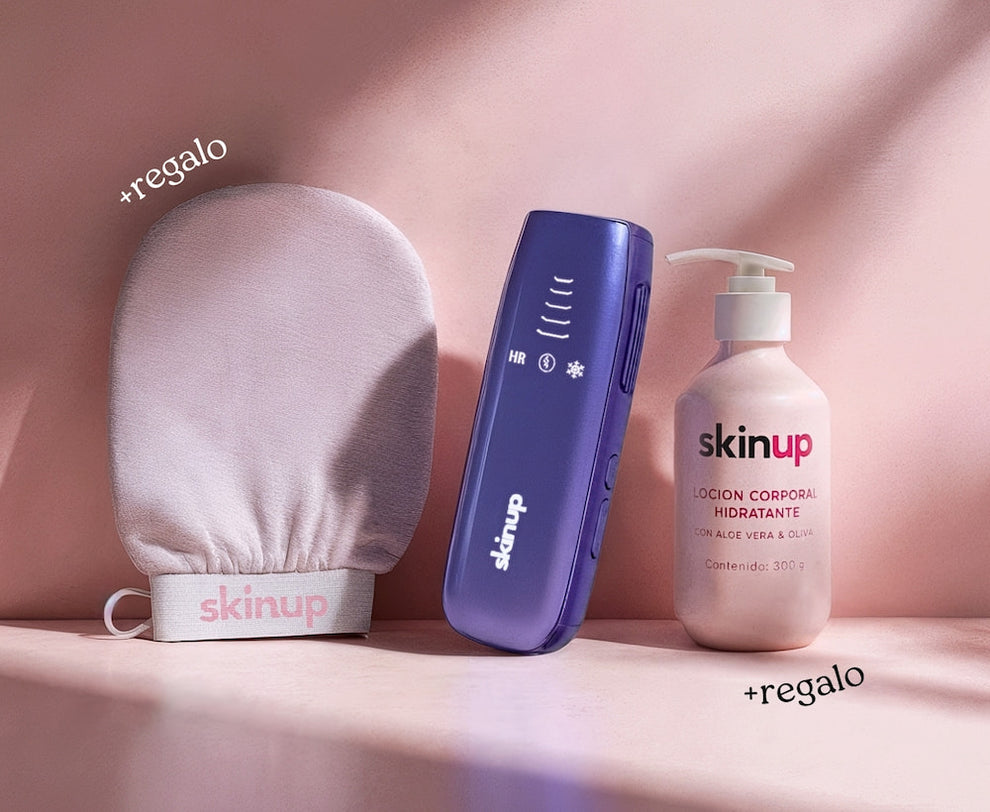 Bundle Rutina SkinUp Pro: dispositivo IPL morado, guante exfoliante y loción corporal, los 2 últimos marcados como regalo